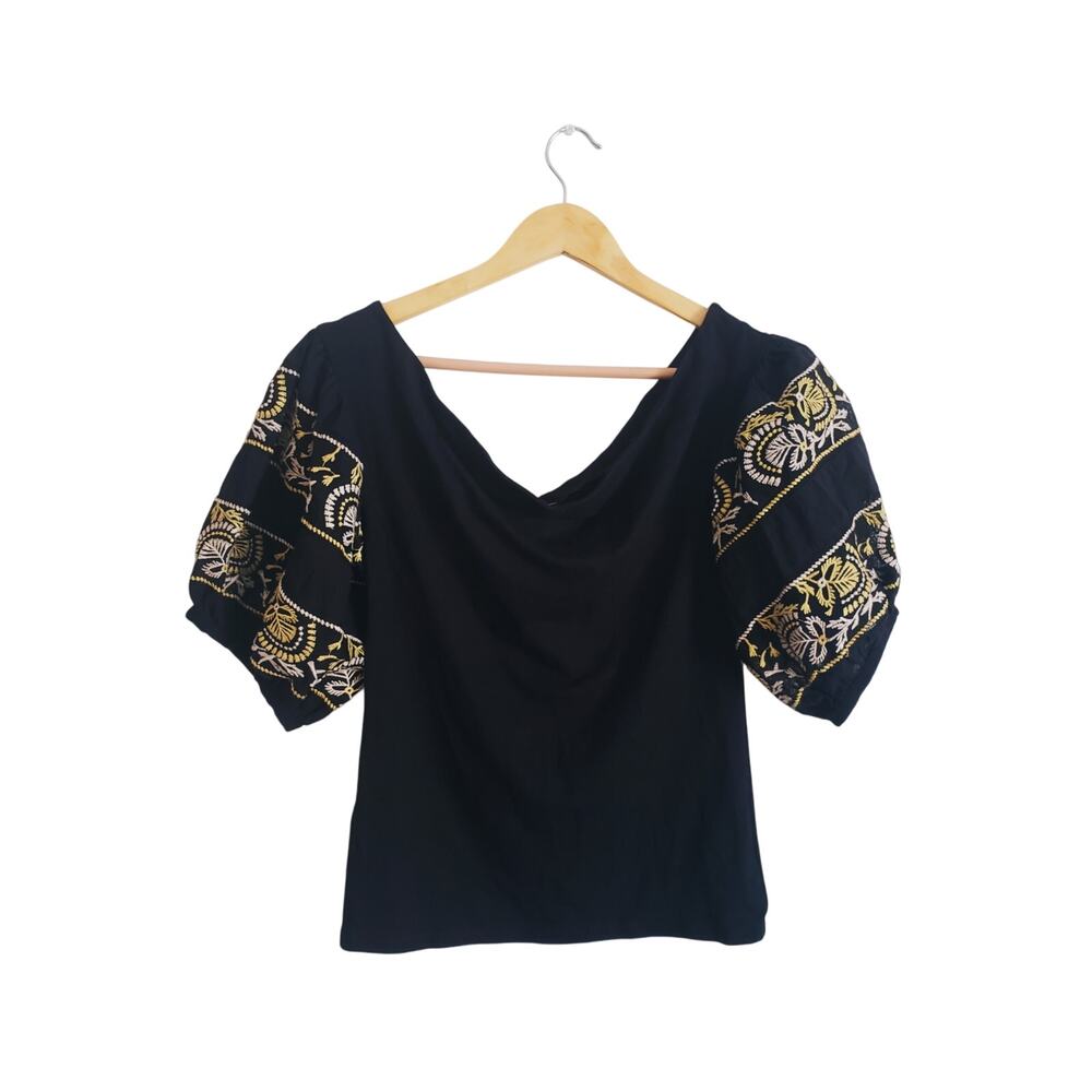 Free People Black Blouse with Gold Embroidery